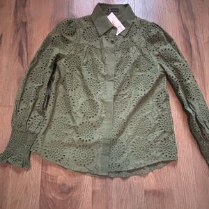 Dark Olive Green NWT Eyelet Button Down Shirt